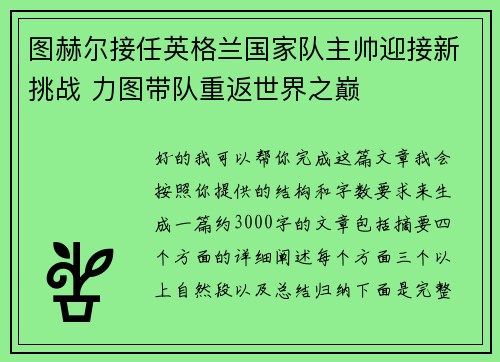 图赫尔接任英格兰国家队主帅迎接新挑战 力图带队重返世界之巅